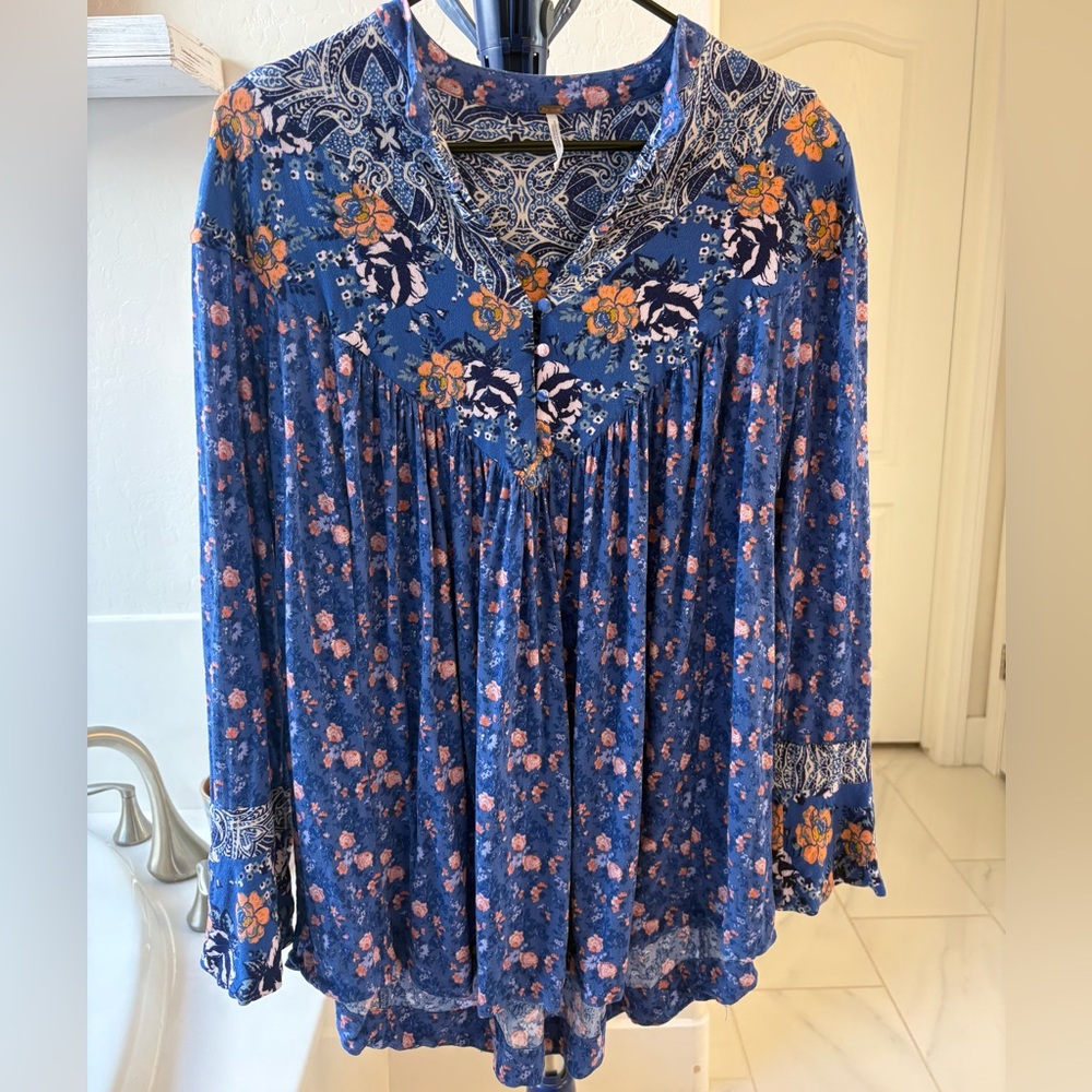 Free People Blue Floral Boho Blouse